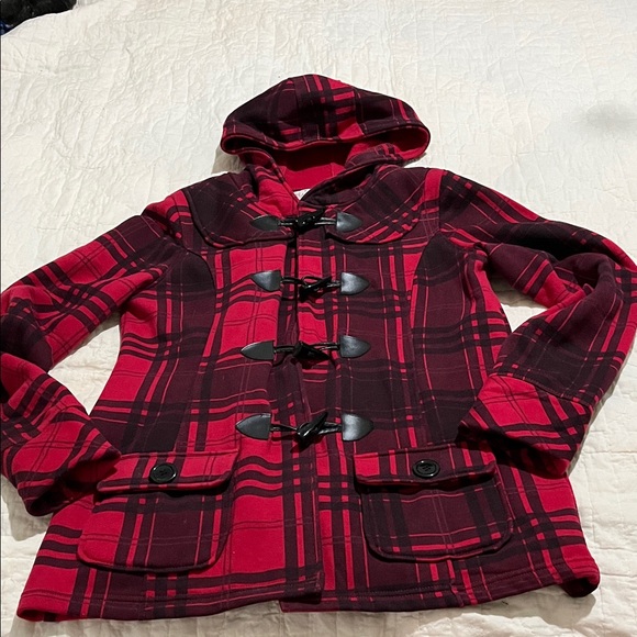 Glimmer by J.J. Basics Red and Black Checkered Toggle Coat - Picture 6 of 12
